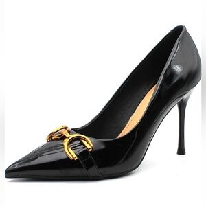 Pointed Toe Leather Gold Chain Black High Heels Pumps Women’s Size 10 Like New